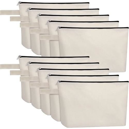 10 Pieces Cotton Canvas Makeup Bag with Bottom, Multi-Purpose Cosmetic Bag with Zipper Travel Toiletry Pouch, Blank DIY Craft Bag Pencil Bag (L, White) (MN-WB07)