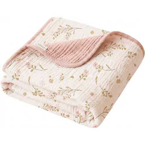 Konssy Muslin Baby Blankets for Girls Boys, 100% Cotton Crib Blanket for Infant Toddler, Super Soft and Lightweight Nursery Swaddling Wrap 40"x36" (Floral)