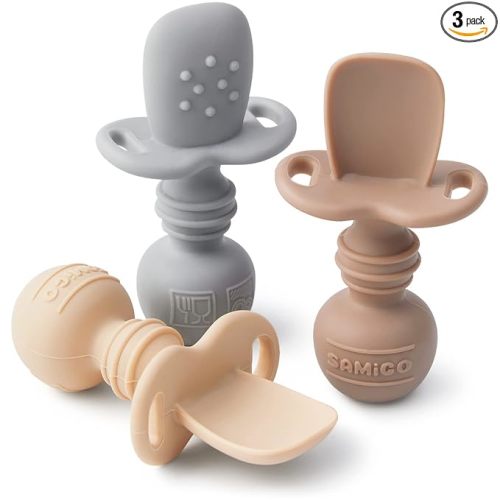SAMiGO Silicone Baby Spoons Self Feeding 6+ Months - Infant Toddler Utensils - First Stage Baby Led Weaning Feeding Supplies - Set of 3 Pack