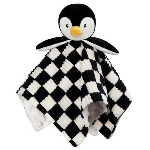 Boritar Baby Lovey Blanket for Boys Girls Super Soft Checkerboard Gingham with Minky Dot Fabric Backing Penguin Stuffed Animal Lovely Snuggle Toy 14Inch