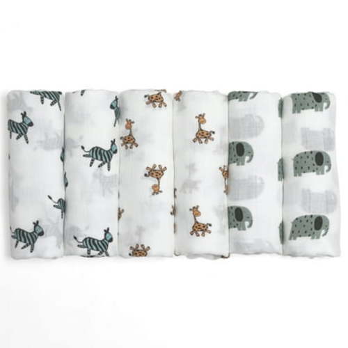Gllquen Baby Muslin Swaddle Blankets 6-Pack, Soft Receiving Swaddles, Breathable Unisex for Newborns Infant Boys and Girls, 27 X 27", Elephant and Giraffe