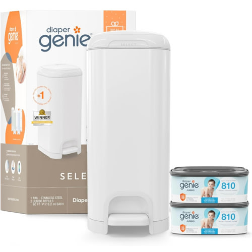 Diaper Genie Select Pail Registry Gift Set (White) | Made of Durable Stainless Steel Metal | Includes 2 Jumbo Refills | Holds 1620 Newborn Diapers