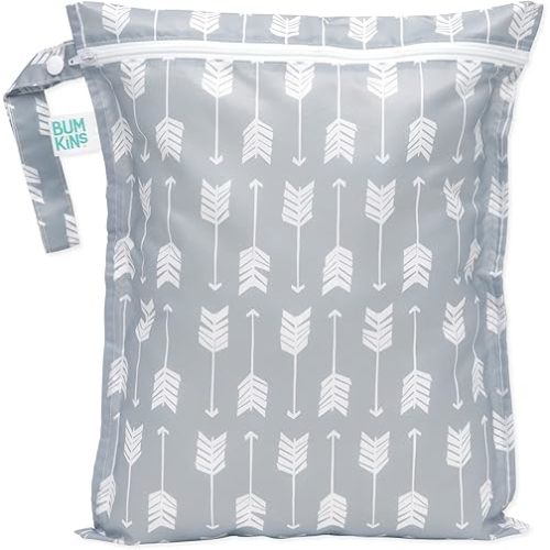 Bumkins Waterproof Wet Bag for Baby, Travel, Swim Suit, Cloth Diapers, Pump Parts, Pool, Beach, Gym Clothes, Toiletry, Hook to Stroller, Daycare, Zipper Reusable Wetdry Packing Pouch, Gray Arrows