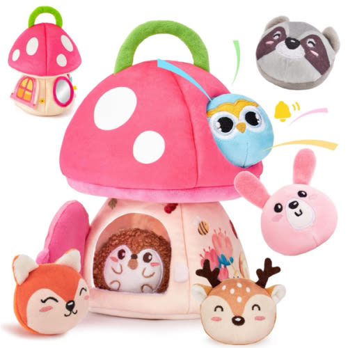 hahaland Baby Toys 6-12 Months - Montessori Toys for 6 Month Old Girl, My First Mushroom House with Stuffed Jungle Animals, Rattle, Crinkle Paper, Mirror, Sensory Toddler Toy for 1 Year Old Girl Gifts