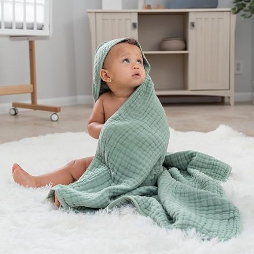 Comfy Cubs 2 Pack Baby Hooded 9 Layer Muslin Cotton Towel for Kids, Large 32” x 32”, Ultra Soft, Warm, and Absorbent. Baby Essentials Bath Towels, Cute Unisex Cover for Girls and Boys (2 Pack, Fern) - Pack of 2 - Baby