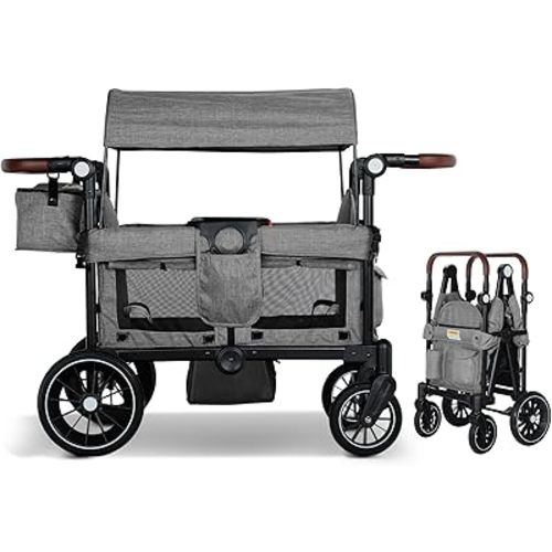 Wagon Stroller for 2 Kids, Foldable Kids Wagon Cart Featuring with Harnesses, Adjustable Double Push Handle, Removable Canopy, Snack Tray, Large Storage Bag, Gray