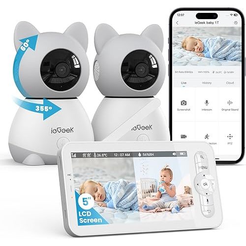ieGeek Split-Screen Baby Monitor with 2 Camera and Audio-Two 2K Video Monitor with 5" Screen -Night Vision,Two-Way Talk,Cry&Motion Detection,Temper&Humidity Sensor,Remote Control via Screen and APP