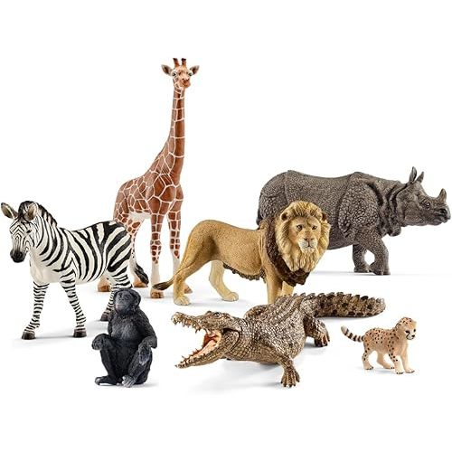 Schleich Animals Wild Life Safari Animals Figures 7-Piece Animal Figurines Set with Lion, Giraffe, Zebra, Bonobo, Rhino, Crocodile and Cheetah Cub Toy