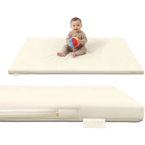 Vegan Leather Baby Play Mat, 50x50 Thicken Foam Play Mat for Infants and Toddlers, Padded & Cushioned Playpen Mat for 50x50 Playpens, 1.2" Thick, Cream