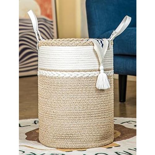 50L Laundry Hamper with Leather Handles,Collapsible Cotton Rope Clothes Hamper,Woven Laundry Basket in Living Room,Bedroom for Blankets,Toys Jute