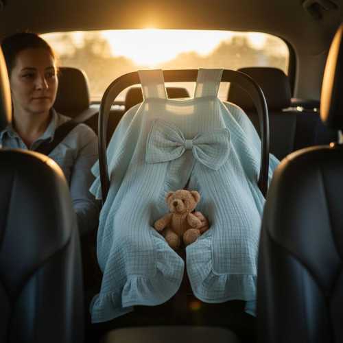 Personalized Muslin Car Seat Canopy Cover with Name for Baby Girl or Boy, Soft 4-Layer Cotton, Ruffle Trim, Stroller Blanket Gifts