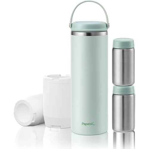 Papablic Innovative 360° CapsuleChill Breastmilk Cooler for 36H Safe Storage, 20oz Stress-Free Portable Breast Milk Chiller with 2pcs Stainless Steel Baby Bottles for Work & Travel, Mint Green