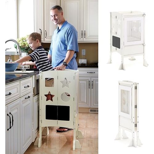 Guidecraft Classic Kitchen Helper® Stool - Ivory: Foldable Toddler Tower with Adjustable Height Platform | Premium Learning Montessori Collapsible Step Stool for Kids