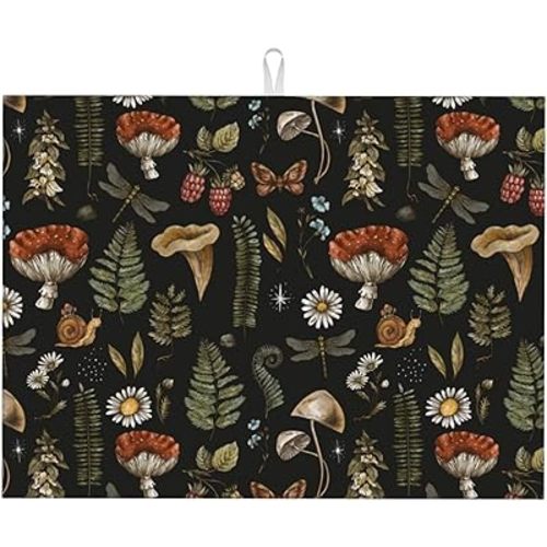 Cute Mushroom Dish Drying Mat For Kitchen Counter 18 X 24 In, Microfiber Absorbent Dish Drainer Mat With Hanging Loop Reversible Dish Drainer Mats Countertops Protector Pad Kitchen Accessories