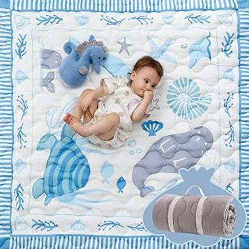 Momcozy Baby Play Mat for Floor, 50x50 Thickened Playpen Mat, Playmate for Baby Tummy Time, Waterproof & Non-Slip, Foldable Outdoor Mat with Carrying Handle, Ocean Theam