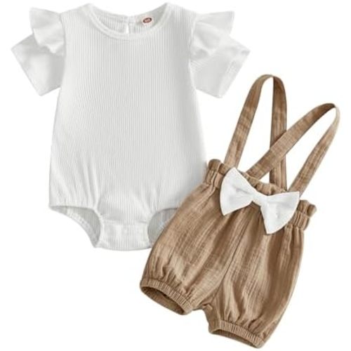 Infant Girl Clothes Summer Outfits Ruffle Short Sleeve Ribbed Romper Bow Suspender Shorts Newborn Outfit