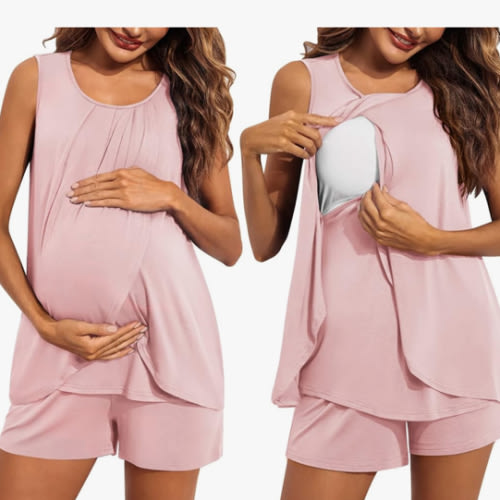Ekouaer Women Maternity Nursing Pajama Set Breastfeeding Sleepwear Double Layer Sleeveless Top & Shorts Pregnancy PJS