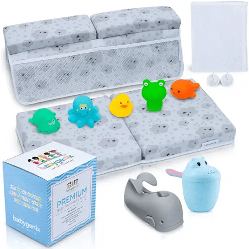 Includes All Shown Bath Kneeler & Elbow Rest Pad Set- 1.75" Thick Bathtub Kneeler Mat & Arm Rest with 4 Pockets for Bathing Baby, 5 Bath Toys, Rinse Cup, Spout Cover, Mesh Bag & Custom Box.