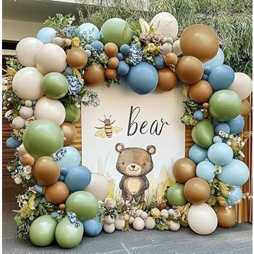 Blue Green Brown Balloon Garland Double Stuffed Dusty Blue Sage Green Balloons Olive White Sand Latex Balloon Arch Kit for Bear Baby Shower Birthday Woodland Wild One Party Decorations