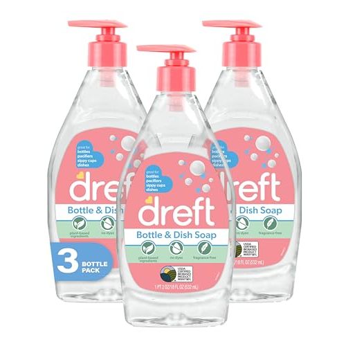 DREFT Bottle and Dish Soap | Made to Clean Baby Bottles, Sippy Cups, Pacifiers, Breast Pumps, & More | Gently Removes Milk Film & Odors | Plant Based, Fragrance Free Dish Soap | 18 Fl Oz (Pack of 3)