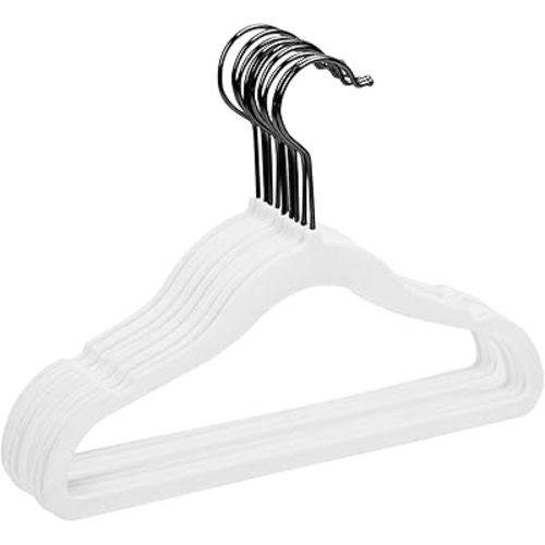 MIZGI Premium Kids Velvet Hangers (Pack of 50) with Black Hooks,Space Saving Ultra Thin,Non Slip Baby Hangers for Children's Skirt Dress Pants,Clothes Hangers (White/Black)