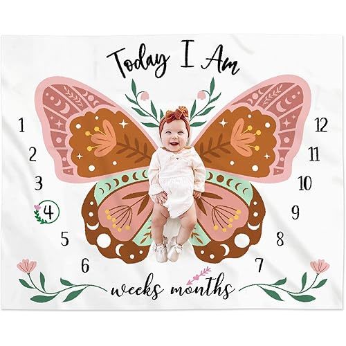Boho Baby Blanket Butterfly Monthly Milestone Bohemian Floral Girl Photo Prop Sage Green and Pink Blanket Ideas for Personalized Baby Stuff Shower Newborn Decorations Nursery Gift Decor Mom