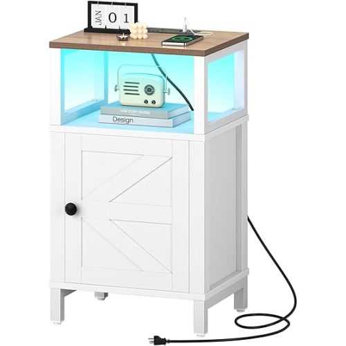 Yoobure Farmhouse Nightstand with Charging Station, Wood Night Stand End with USB Ports, LED Bed Side Table with Storage Cabinet, Bedside Table for Bedroom, Living Room White