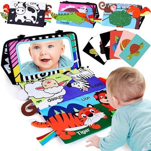 LotFancy Tummy Time Toys with Baby Mirror, 20 High Contrast Cards and Cloth Crinkle Book, Baby Toys 0 3 6 12 Months, Infant Montessori Toy for Newborn Boys Girls