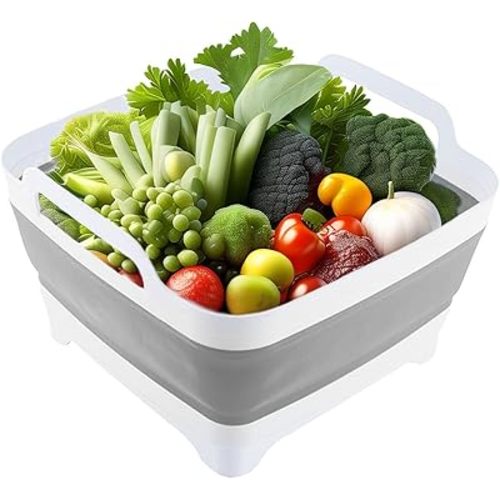 Collapsible Wash Basin 9L, KIACFFH Collapsible Dish Tub Pan Basin Foot Soaking Tub Bottle Washing Basin Collapsible Bucket for Cleaning (GreyWhite, 9L)
