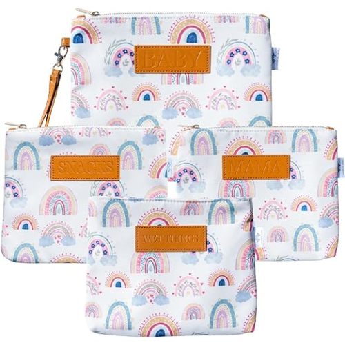 Diaper Bag Organizing Pouches (Set of 4) - Rainbow Diaper Bag Organizer Pouches - Baby Diaper Clutch Bag, Wet Bag, Mama Bag, Snacks Diaper Bag Insert - Waterproof Lining - Diaper Bag Organizer Insert