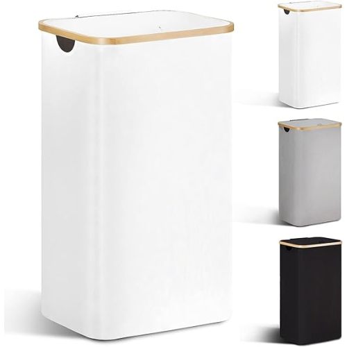 100L Large Laundry Basket with Lid by TECHMILLY, Tall Laundry Hamper with Bamboo Handles for Clothes and Toys Storage, Foldable Clothes Hamper for Bedroom, Dorm Room, Bathroom, White
