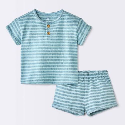 Baby Boys' 2pc Striped Henley T-Shirt and Shorts Set - Cloud Island™ Light Blue 0-3M