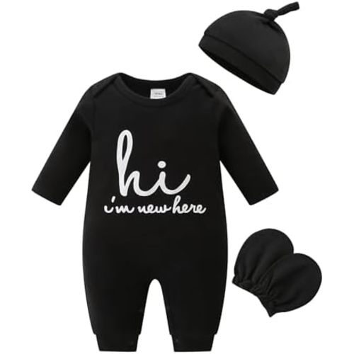 Babymine Cute Newborn Unisex Baby 100% Cotton Long Sleeve Onesie Coming Home Outfits,Soft Romper with Mittens & Hat