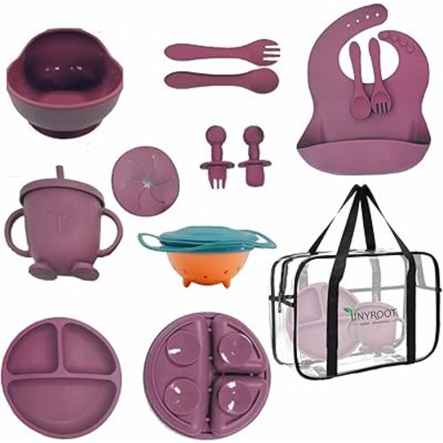Silicone baby feeding set - baby plates and bowls set, toddler feeding supplies, baby utensils, baby feeding essentials, baby plates with suction, baby eating set, gyro bowls for toddlers (Dark Pink)