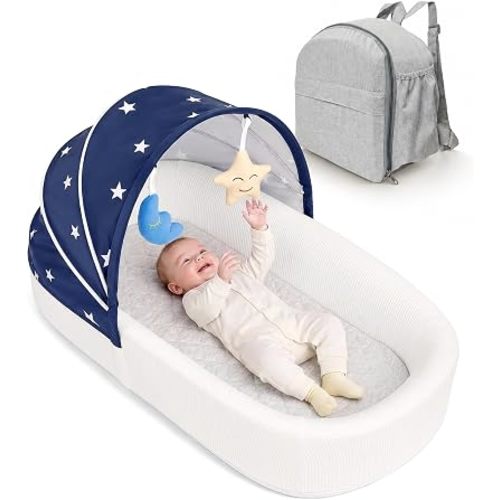 Portable Newborn Nest Lounger with Canopy & Mosquito Net-Lightweight Foldable Newborn Play Support & pad and Washable Cover, Indoor-Outdoor Use(Blue)