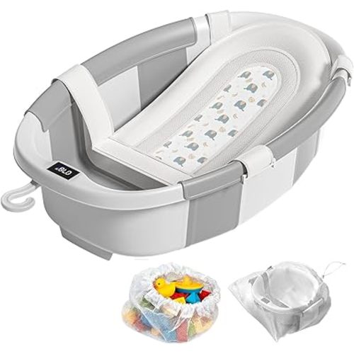 Collapsible Baby Bathtub, Baby Tubs for Newborns with Soft Cushion & Thermometer & Toy Organizer Mesh Bag, Infant Bathtub to Toddler 0-36 Months, Portable Travel Newborn Baby Bathtubs (Grey)