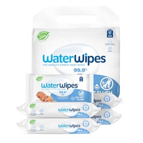 WaterWipes Plastic-Free Original Baby Wipes, 99.9% Water Based Wipes, Unscented & Hypoallergenic for Sensitive Skin, 300 Count (5 packs)