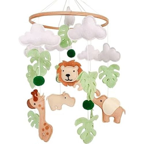 Safari Baby Mobile, Jungle Mobile for Crib, Crib Mobile for Boys and Girls, Nursery Mobile for Bassinet, Pack and Play,Lion Elephant Giraffe Hippopotamus Mobile