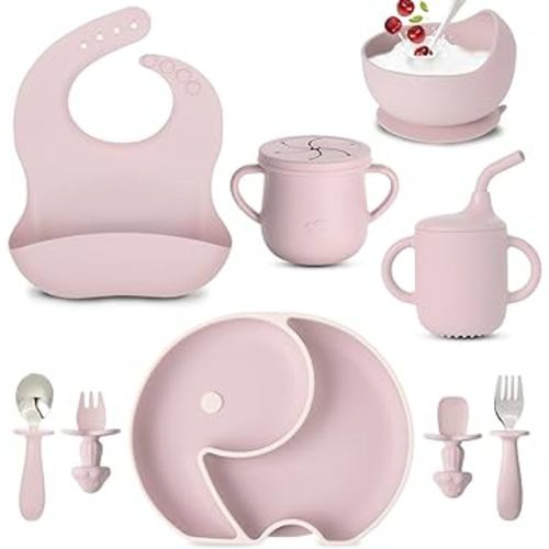 Mr.do Silicone Baby Feeding Set: 9 PCS Baby Led Weaning Supplies, Soft Toddler Suction Bowls and Divided Plates Utensils Set Sippy Snack Cups Spoons Forks Adjustable Bib for 6+ Months (Pink)