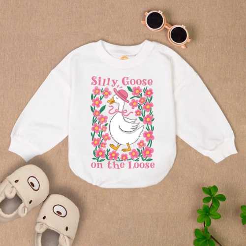 Silly Goose On The Loose Baby Romper Short Sleeves, Boho Floral Goose Baby Bodysuit, Coquette Bow Duck Romper, Goose Lover Gift
