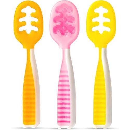 NumNum Baby Spoons Set, Baby Essentials Pre-Spoon GOOtensils for 6+ Months, First Stage Self-Feeding Spoons for Baby Led Weaning (BLW), Silicone Toddler Utensils, BPA-Free, 3 Pack Tropical Paradise