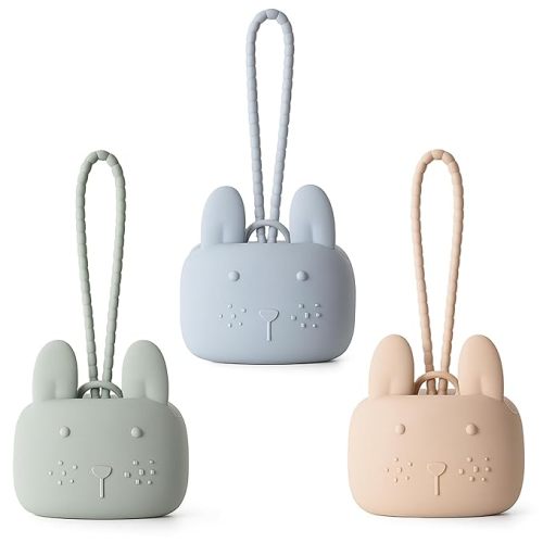 ROCCED Pacifier Holder Case Silicone Bunny Design Pacifiers Pouch with Soft Silicone Strap, Travel Storage for Stroller & Diaper Bag, Pacifier Holder Pouch for Baby, Set of 3 Beige Dusty Green Brown