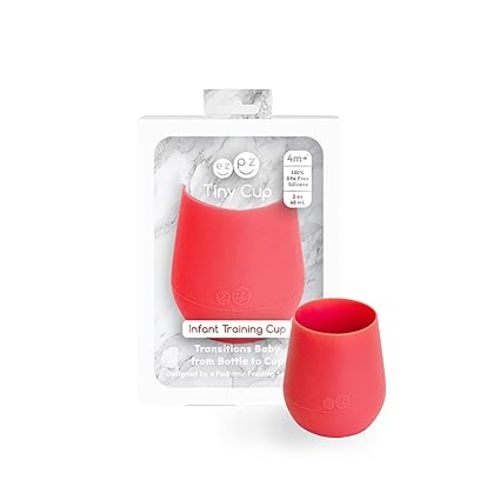 ezpz Tiny Cup (Coral) - 100% Silicone Training Cup for Infants - 4 months + - Designed by a Pediatric Feeding Specialist - Baby-led Weaning Essentials & Baby Gifts