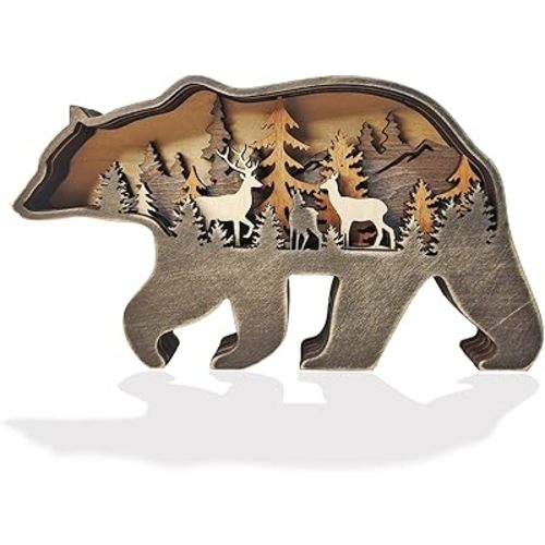 Wooden Bear Art Decor Brown Bear Figurine Rustic Home Shelf Desktop Creative Decorations Multi-Layer Silhouette Crafts