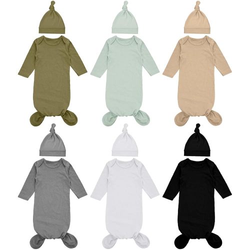 Cuffbow 6 Packs Newborn Baby Knotted Gowns Set 0-6 Months Cotton Sleeper Long Sleeve Nightgown Hat Set for Infant