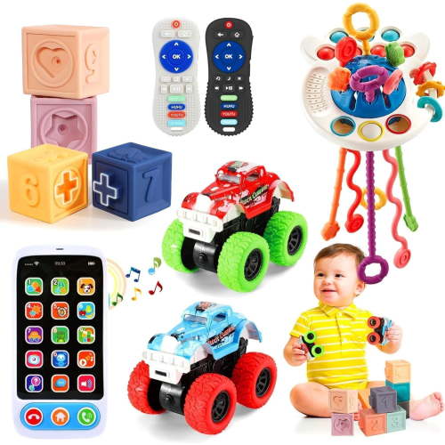 Lauon Baby Toys for 6 to 12 Months, Montessori Toys for Babies, Sensory Toys for Toddlers 1-3, Monster Trucks, Pull String Toys, Stacking Blocks, Sensory Shapes & Teething Simulation Remote Control