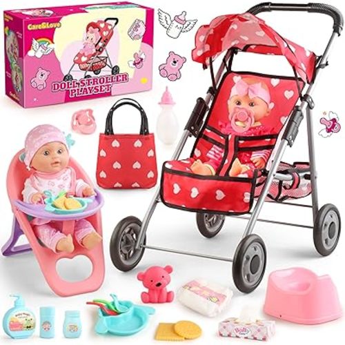 Baby Doll Stroller Set - A 12.5" Baby Doll with Doll Accessories & 2 Sets Clothes, Baby Doll Stroller for Toddlers 3-5, Stroller Toy for Kids, Gifts for Girls 3 4 5 Year Old Girls Toys
