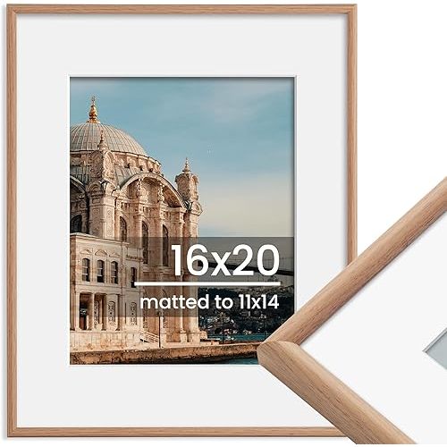 16x20 Picture Frame, Display Pictures 11x14 with Mat or 16x20 Without Mat, Wall Hanging Photo Frame, Natural, 1 Pack
