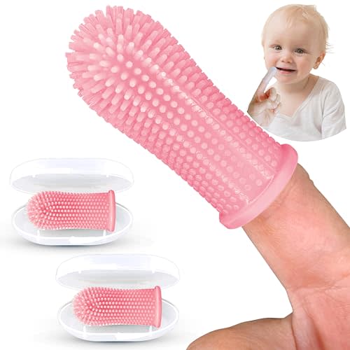 Itsy Bitsy People Baby Toothbrush, 360 Degree Bristle Silicone Finger Toothbrush 6 to 12 Months, and Toddler Toothbrushes 1-2, Set of 2  Pink