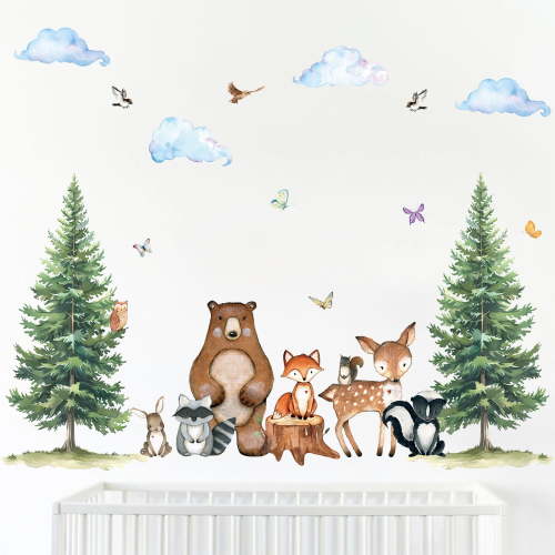 Stcomart Peel-and-Stick Woodland Nursery Wall Decals – Nursery Wall Decor with Forest Animals, 3 Sheets (17.3"×33.8") – Removable Nursery Wall Stickers for Baby Boy Girl Bedroom
